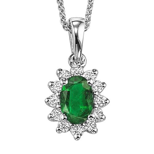 Emerald & Diamond Pendant in 14K White Gold